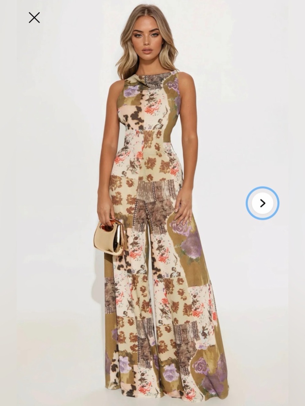 Fashion Nova Satin Halter Jumpsuit Patchwork Floral Wide Leg Size M NWT